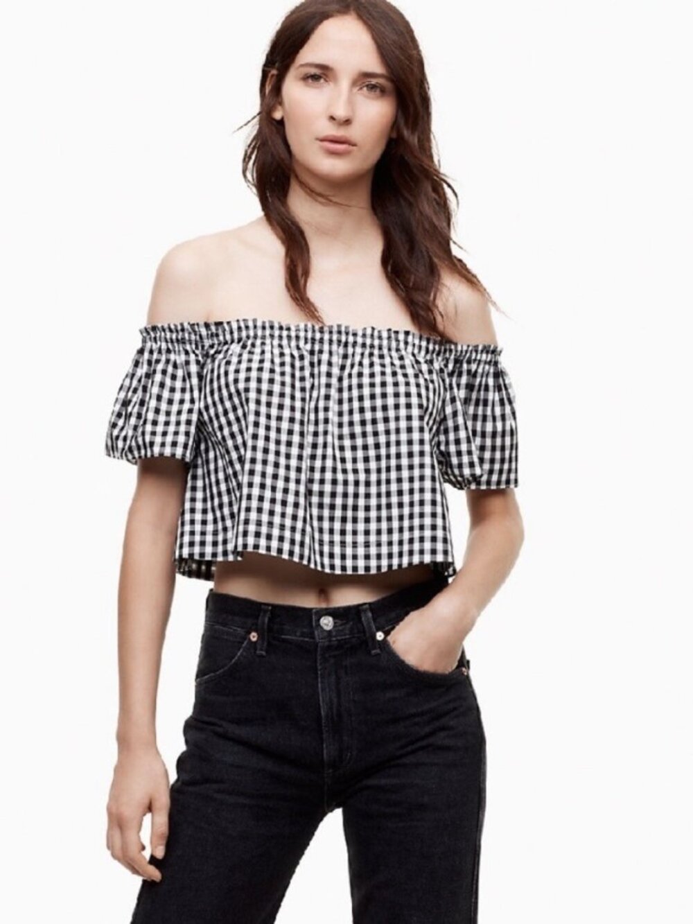 Wilfred Black & White Gingham Off-Shoulder Crop Top